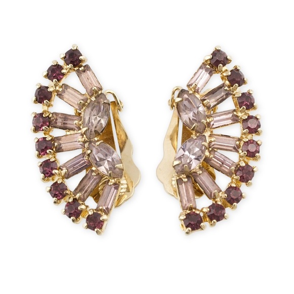 Vintage Purple Rhinestone Clip On Earrings Fan Shape Mid-Century Glam - Picture 1 of 4